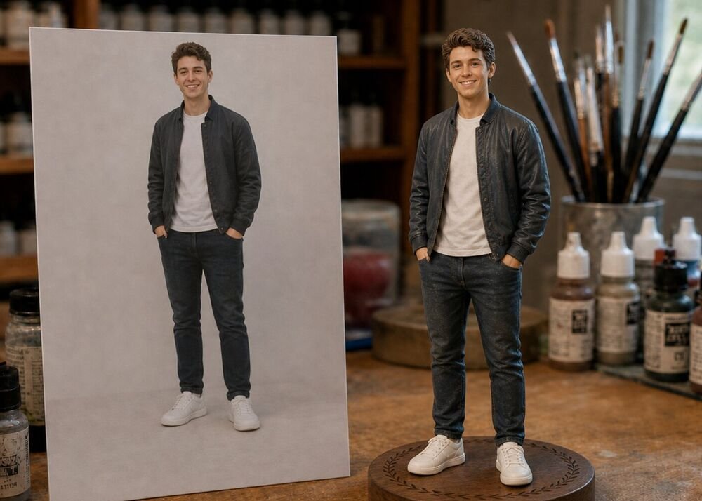 A printed photo beside the full-colour figurine sculpted from it